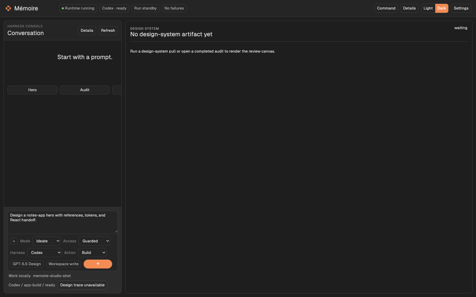 Mémoire Studio: Codex run with harness chips, run context, hero/audit/spec tabs, and Figma cockpit pane